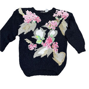 Vintage Bonnie & Bill by Holly Black Chenille Sweater Floral Embroidered Small